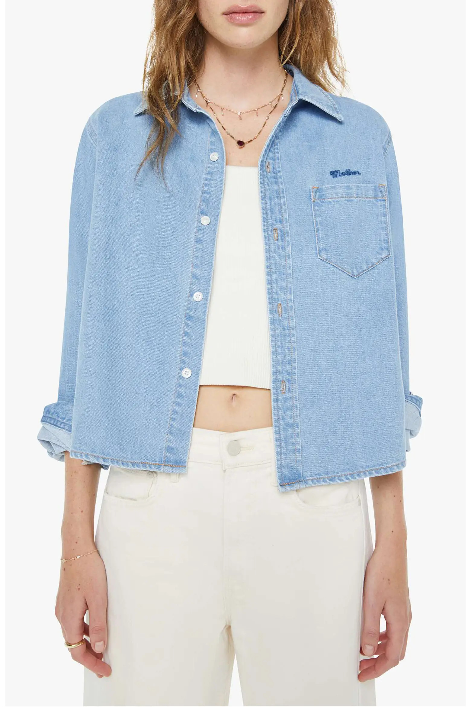 MOTHER The Honor Roll Logo Embroidered Denim Crop Button-Up Shirt (Women) | Nordstrom | Nordstrom
