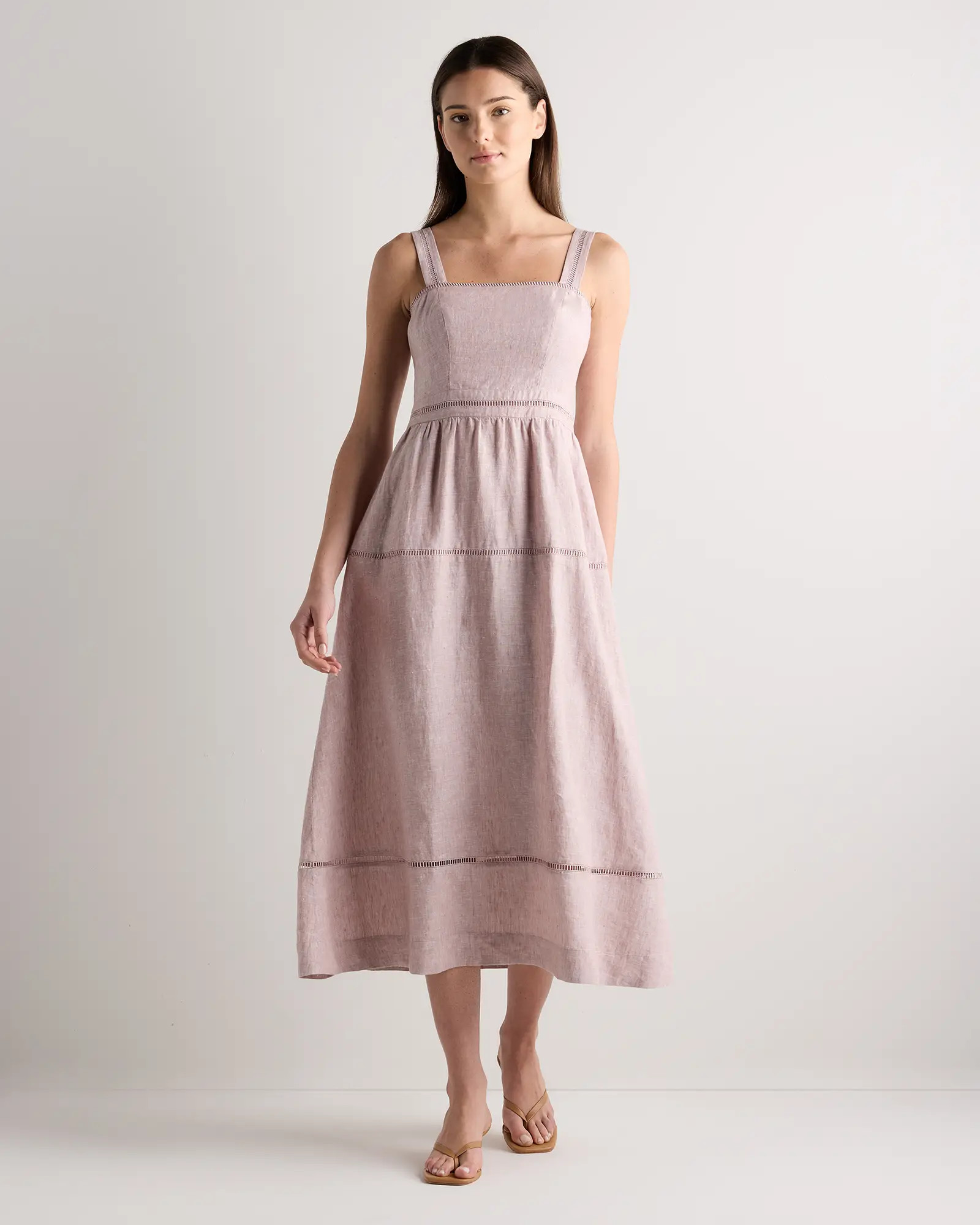 100% European Linen Ladder Stitch Midi Dress in Vintage Pink Chambray | Quince