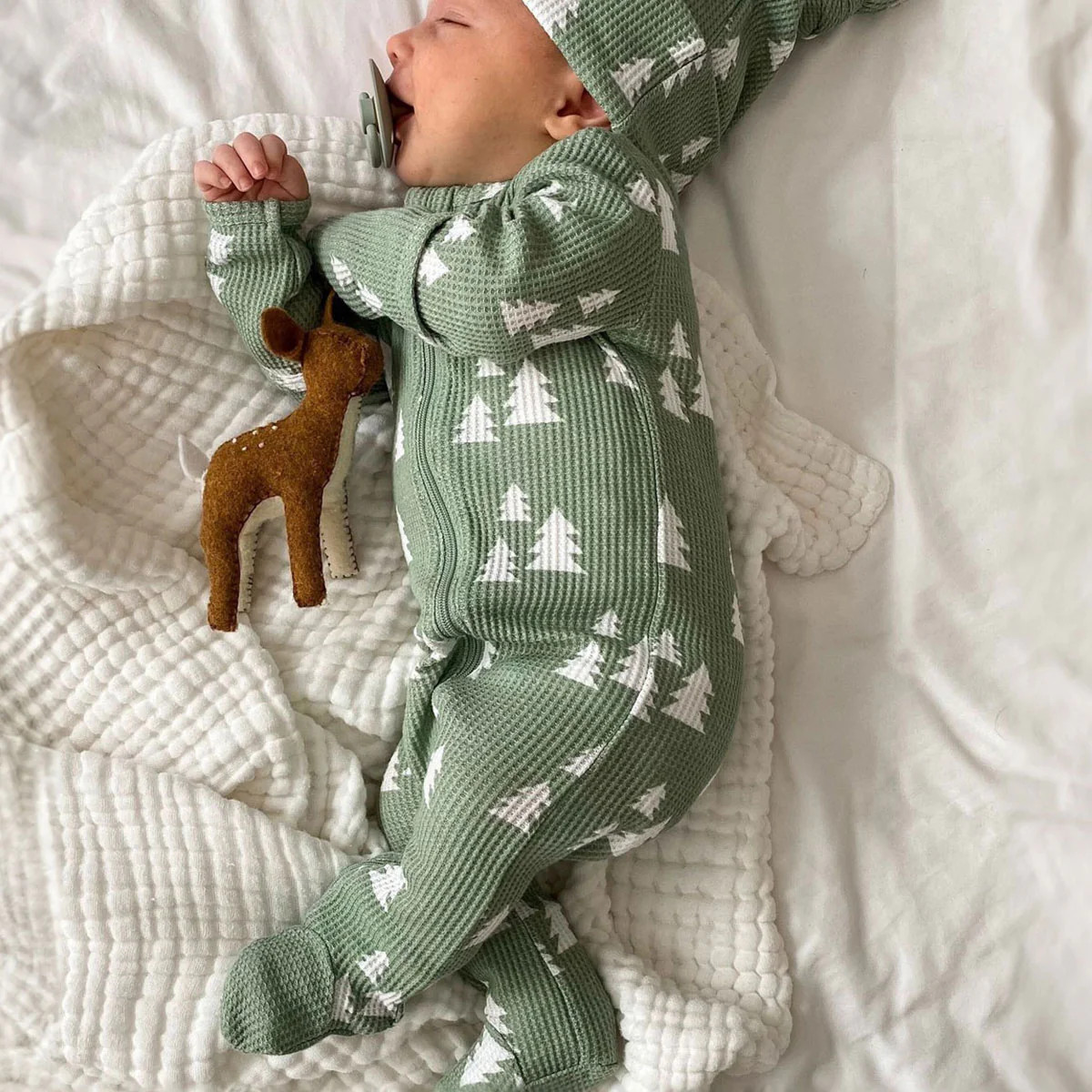 Organic Waffle Basic Zip Footie, Alpine Trees | SpearmintLOVE