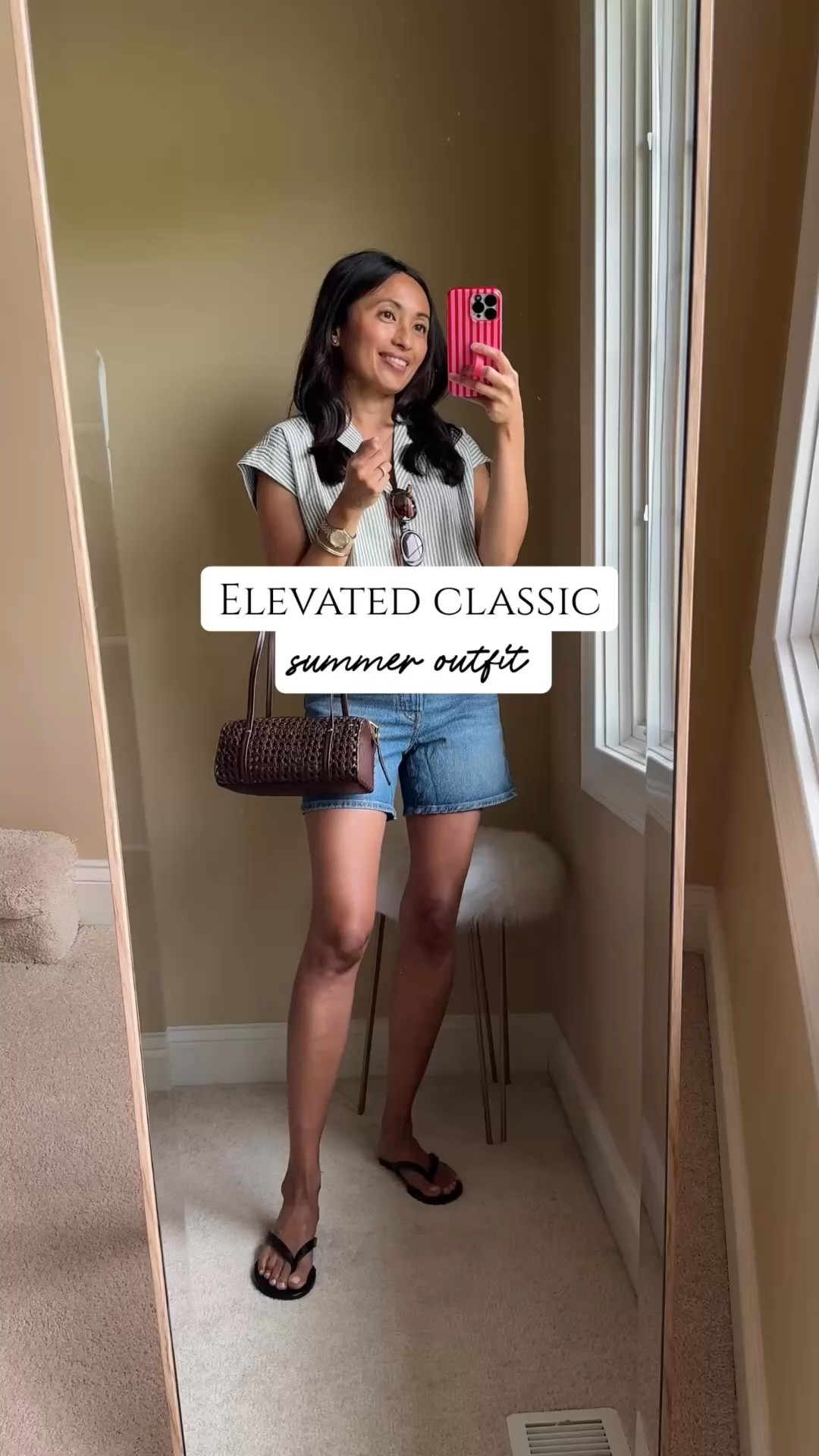 Elevated classic summer outfit. 
- Swapped my usual t-shirt for a relaxed cotton top. Easy breezy effortless chic kind of style. 
- Added warm toned summer accessories and classic flat leather sandals. 

- Exact items:  
Top: I love this cotton seersucker fabric. Would be a closet staple also in white. True to size. 
Denim shorts:  classic high waisted fit with a bit of stretch. Good length and flattering fit. Size up. 
Bag:  pretty woven rattan look to this leather mini bag. Everyday essentials size. 
Sunglasses: my favorite addition to my collection. The oval shape is a fun change up from my usual oversized rectangle style. 
Flat thong sandals: go with everything. I would love to have in dark brown too. Size up.

#LTKootd #LTKOver40