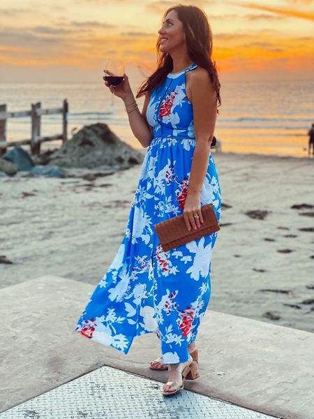 gorgeous floral maxi perfect for vacation! 🧡💙 wearing size small 
Woven clutch and the best versatile spring & summer sandal (size 8)

Vacation style, vacation outfits, Siri g dress, statement dress 

#LTKsalealert #LTKtravel #LTKfindsunder50