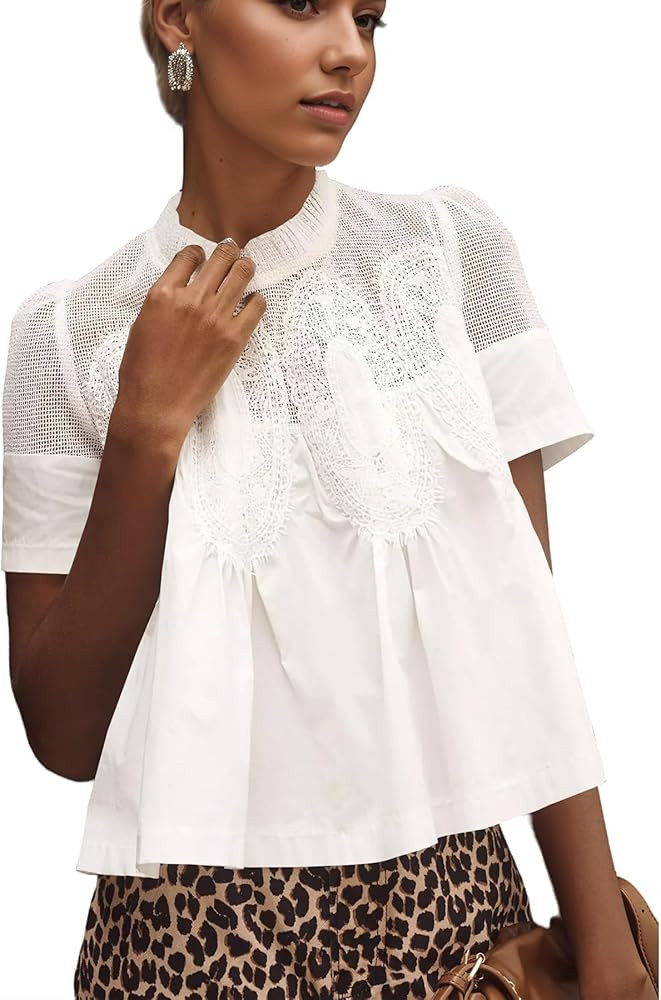 Women Swing Lace Blouse Summer Mock Neck Puff Short Sleeve Mesh Tops See Through A-Line Pleated S... | Amazon (US)