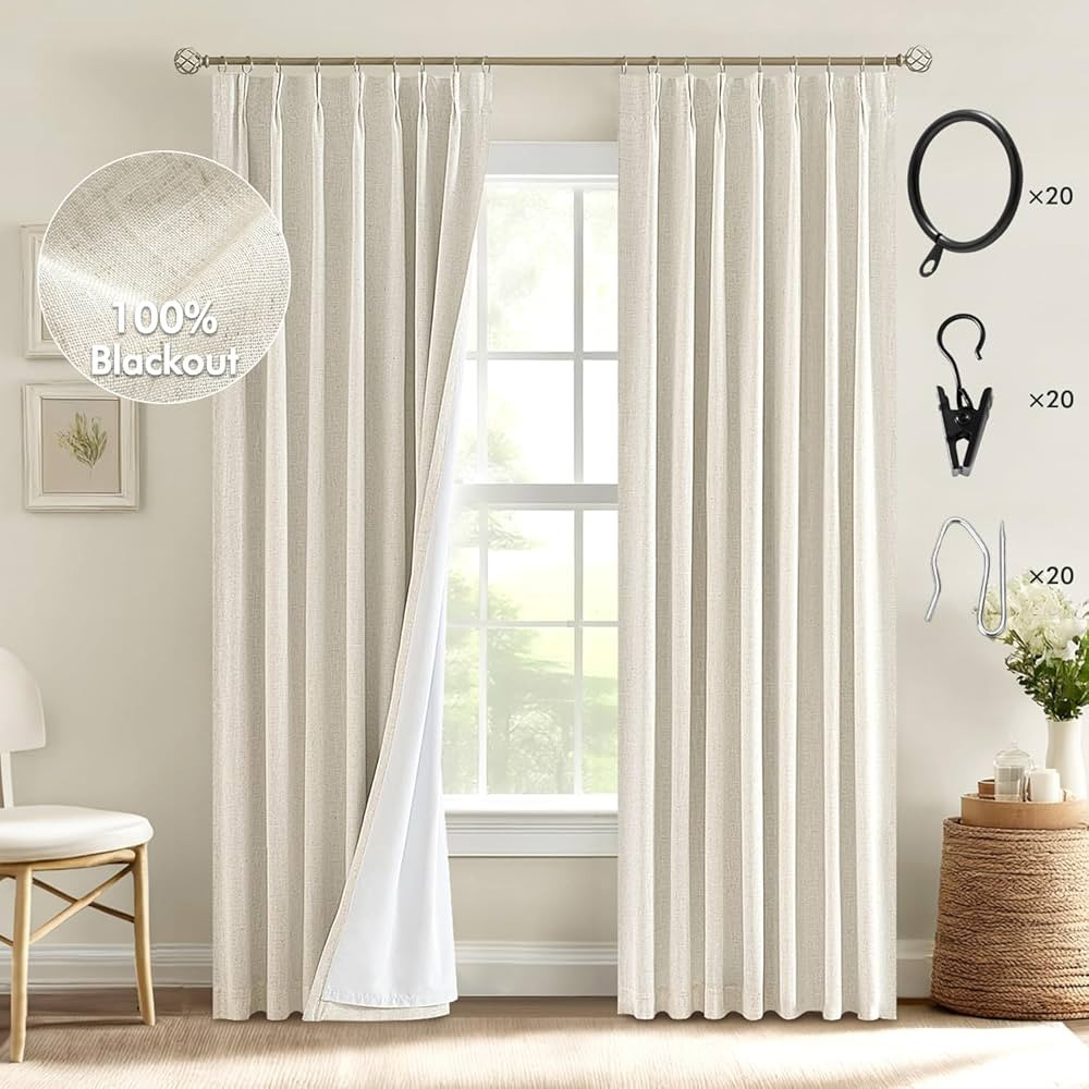 MIULEE Tan Beige Pinch Pleated 100% Blackout Linen Curtains 96 Inch Length 2 Panels Set, Pleat Cu... | Amazon (US)