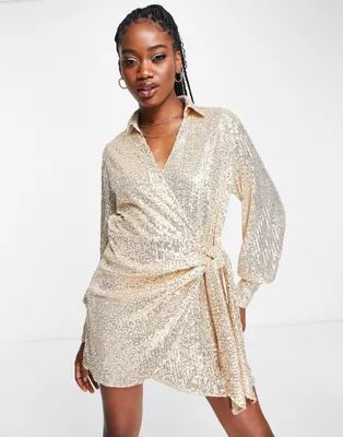 Style Cheat wrap tie sequin shirt dress in champagne | ASOS | ASOS (Global)