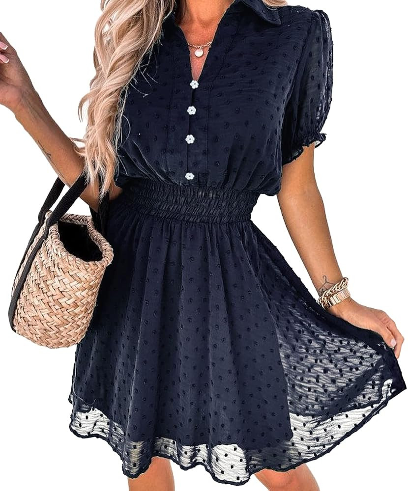 PRETTYGARDEN Women's Summer Dress Casual V Neck Short Sleeve Swiss Dots Elastic Waist A-line Flowy M | Amazon (US)