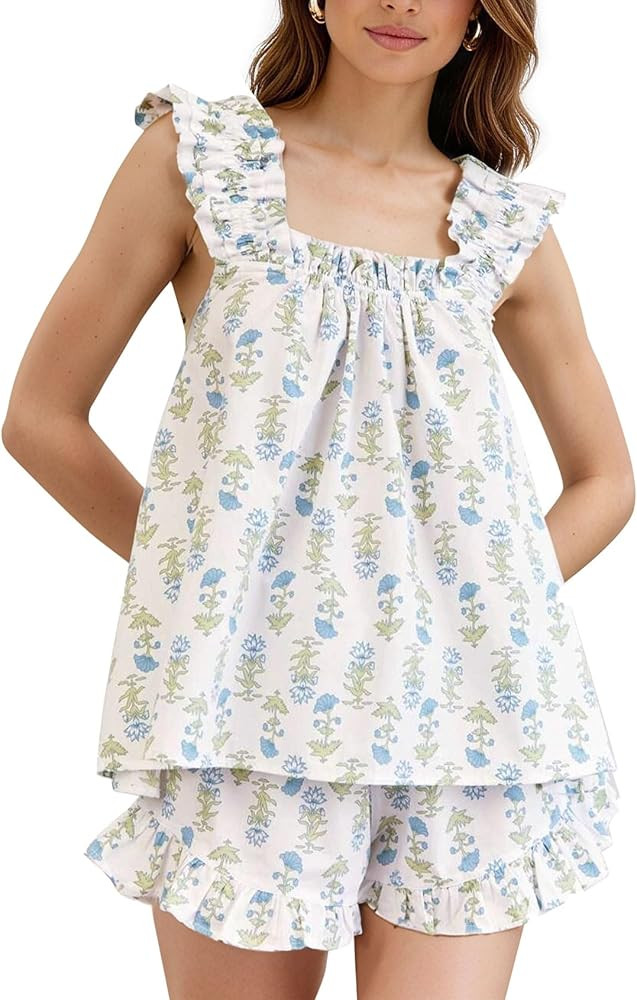 Flygo Women's Floral Pajama Set 2 Piece Summer Ruffle Cami Top & Shorts Soft Cotton Loungewear Sl... | Amazon (US)