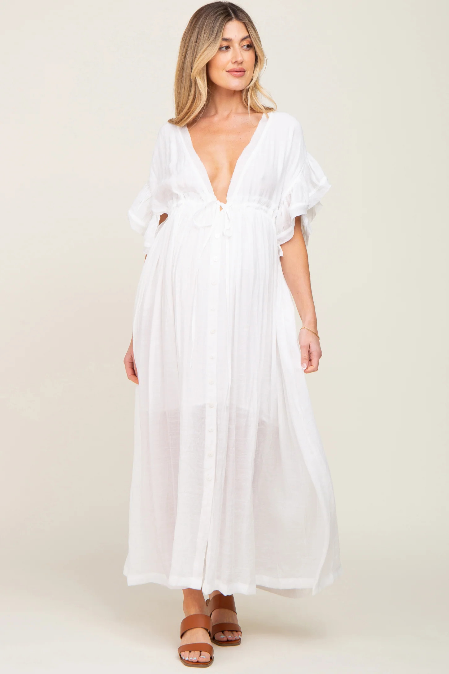Ivory Deep V-Neck Button Down Maternity Maxi Dress | PinkBlush Maternity