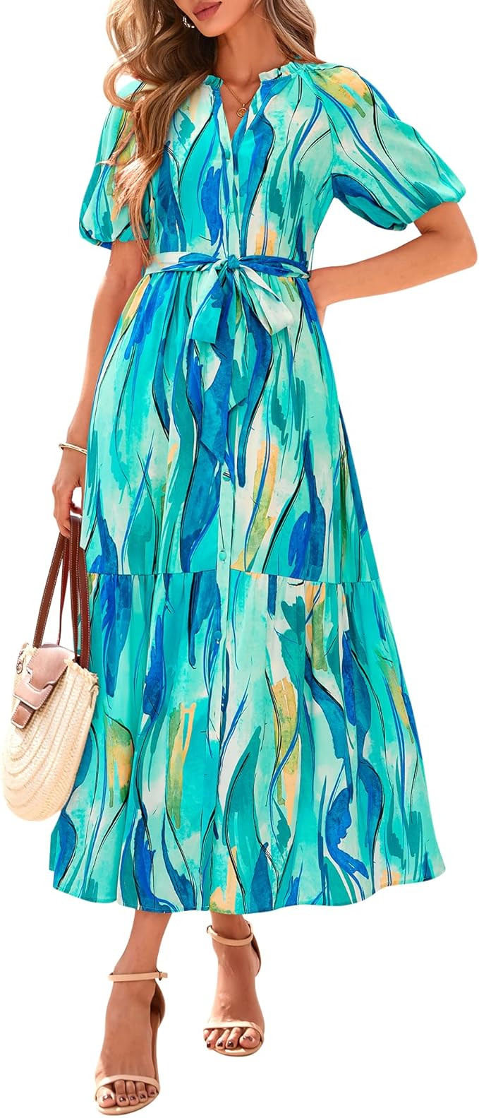 BTFBM Summer Dresses for Women 2026 Boho Short Sleeve V Neck Button Belt Flowy Spring Clothes Bea... | Amazon (US)