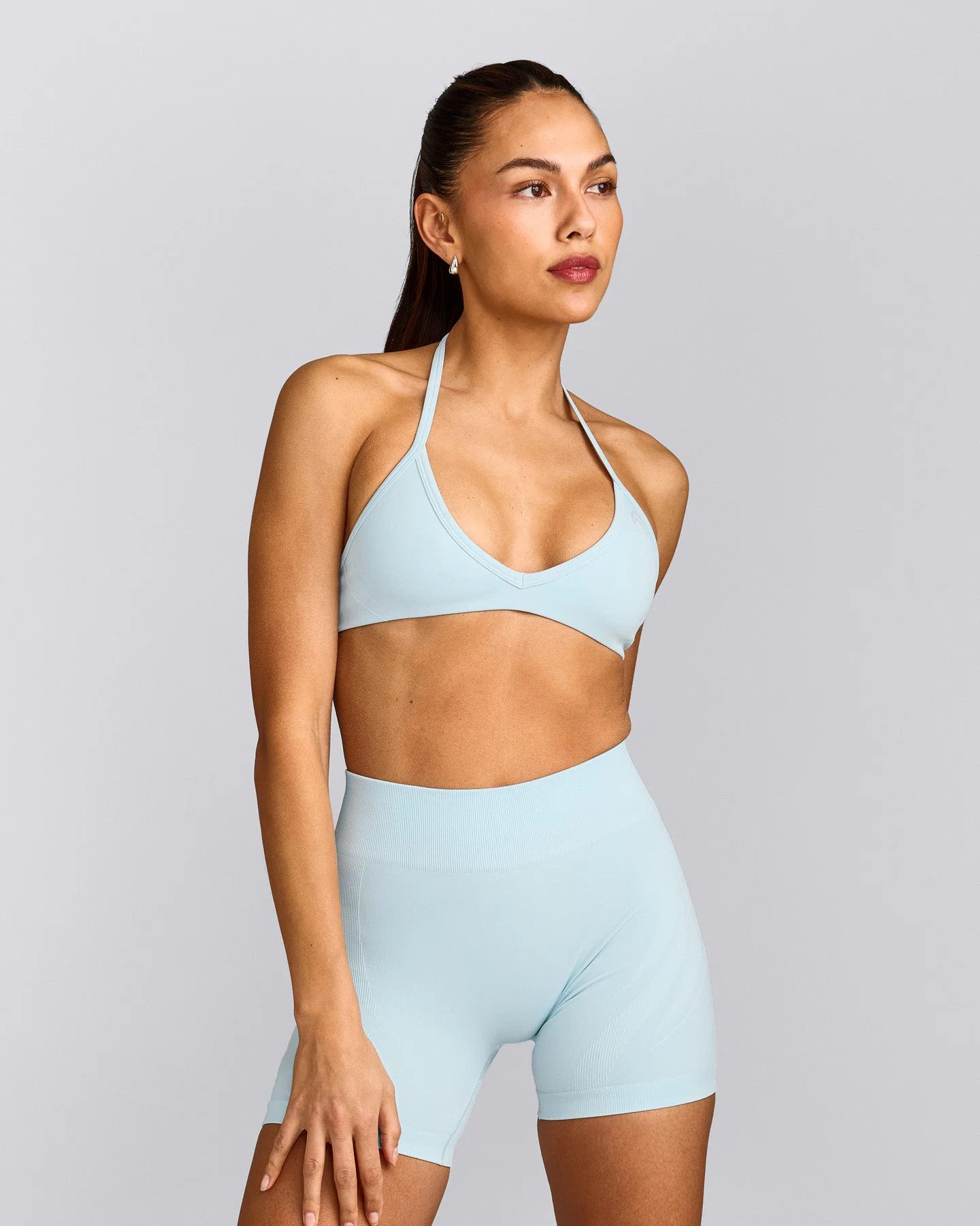 EnhanceLift™ Seamless Minimal Halter Neck Bralette with Gray Logo | Cloud Blue | Oner Active (UK / US)
