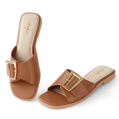 Ankis Brown Women's Flat Sandals Comfortable Flat Sandals for Dressy Summer Women's Slide Sandals | Amazon (US)