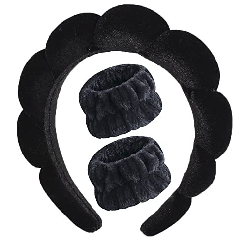 Luckybear Spa Headband for Washing Face, Velvet Makeup, Bubble Skincare With Face Wash Wristbands, Sponge Puffy for Women Skin Care - Black | Amazon (US)