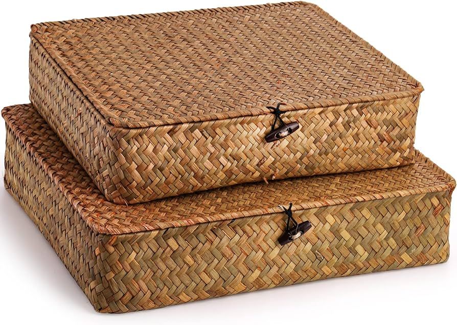 Elsjoy 2 Pack Seagrass Baskets with Lid, Wicker Storage Baskets Flat Rattan Storage Bins, Woven O... | Amazon (US)