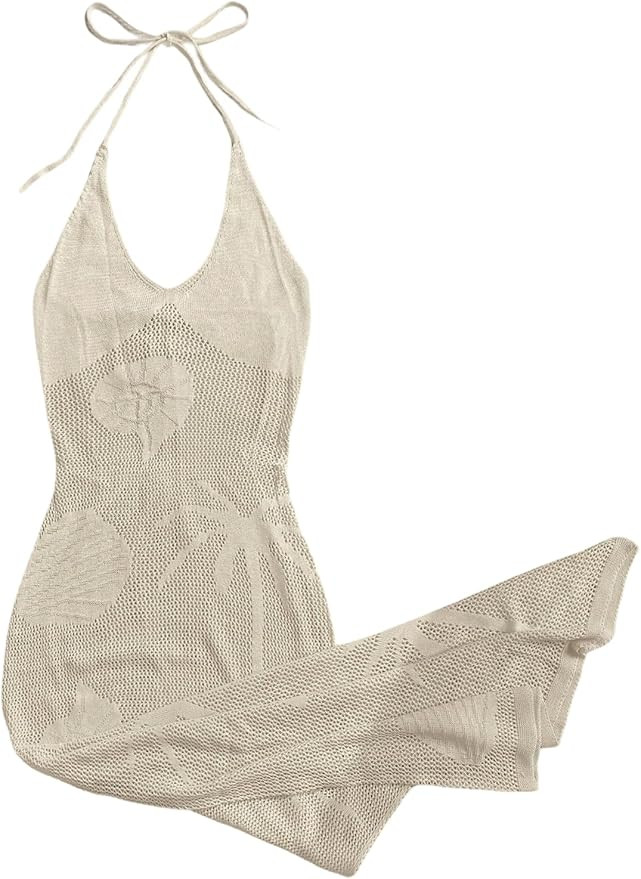 WDIRARA Women's Halter Crochet Cover Up Dress Hollow Out Long Beach Dress Coverups | Amazon (US)