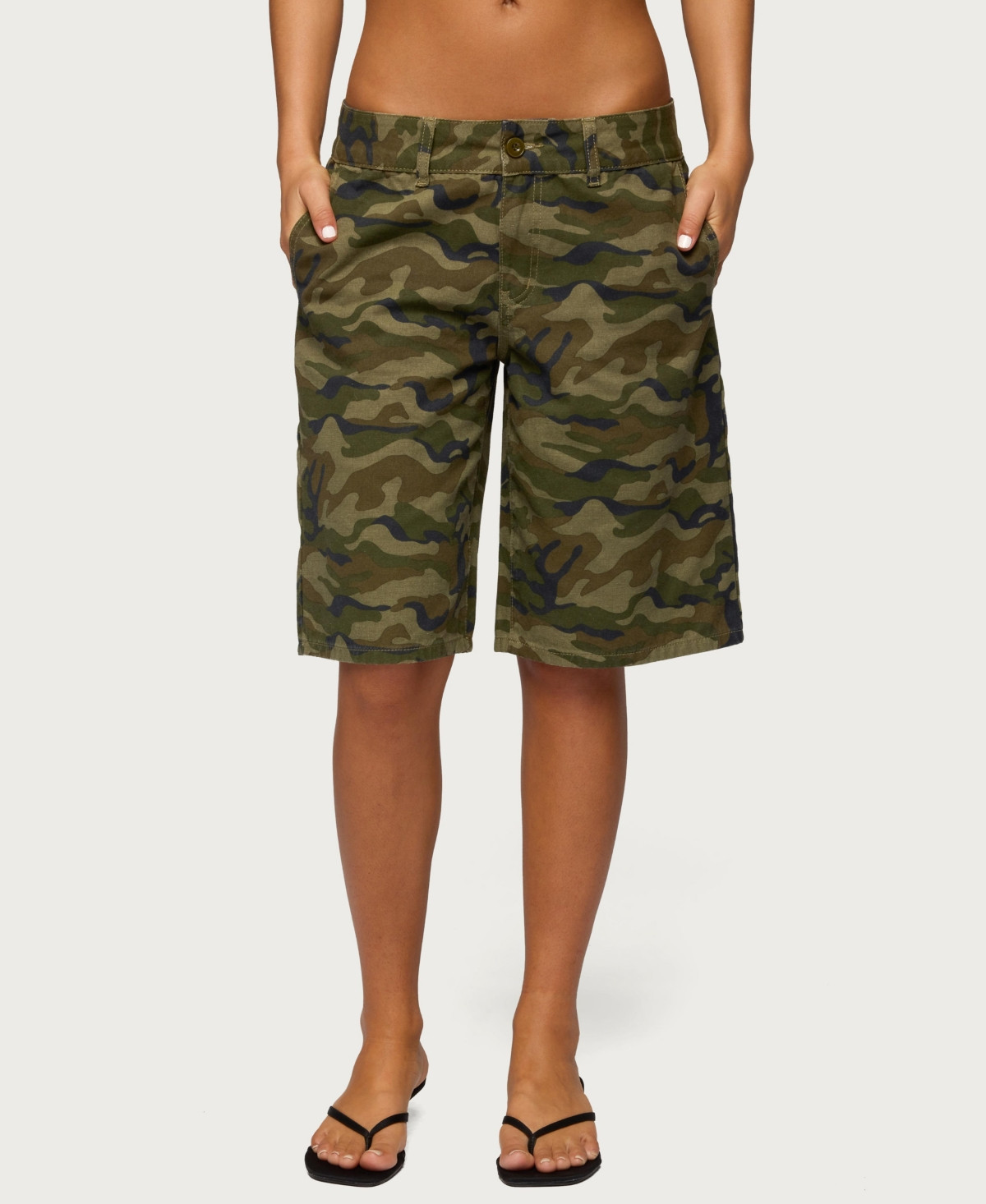 Edikted Women's Camo Denim Low Rise Bermuda Shorts - Olive | Macy's