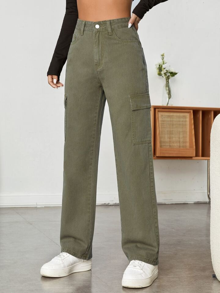 SHEIN PETITE High Waist Flap Pocket Straight Leg Jeans | SHEIN