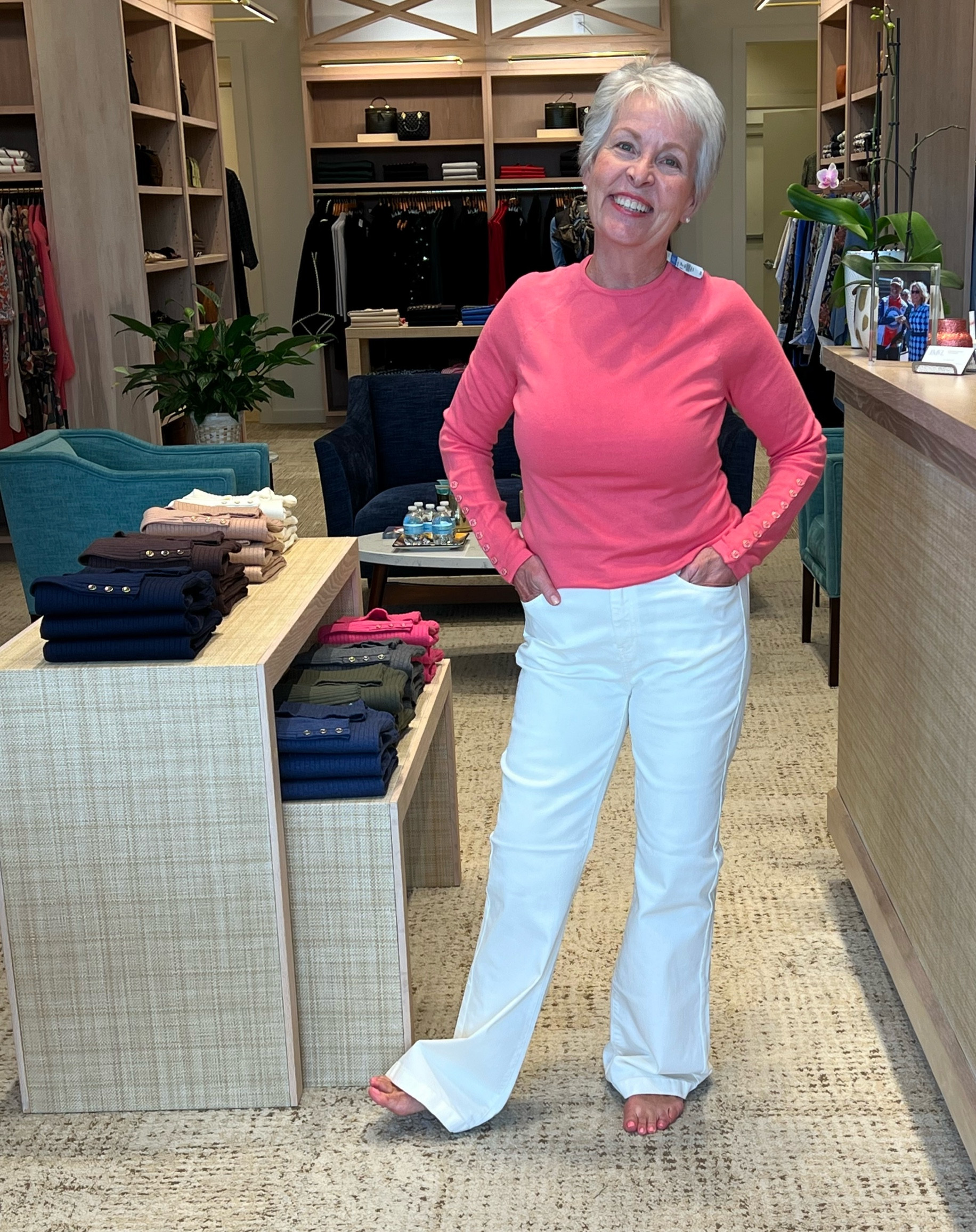 Attn SPRINGS:

JMcLaughlin's rose pink is a perfect SPRING pink really close to flamingo!  This is their Jamey Sweater - an absolute favorite of mine. They're machine washable and they stay in great shape for years. The JMC Blue is also perfect for Springs. I have it too 😉.

I am also trying a new wider leg pant – and I think my daughters will be happy about that. These need to be taken up a bit but they are the perfect cream! 