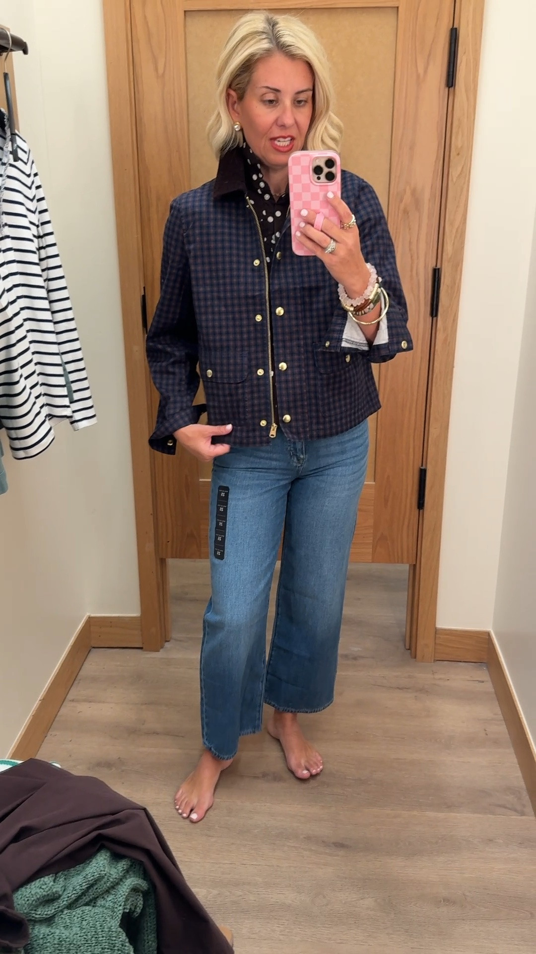 Print mixing and here for it! This jacket is a must buy! 
￼
Sizing:
Sweaters - 4 
Collared Dress - 2 
Midi Dress - 0
Pants & Jeans - 26P
Blazer - 2 
Green Jacket - small
Plaid Jacket - xs

#LTKdayinmylife #LTKmomlife #LTKOver40
