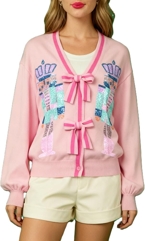 Women's Bow Tie Cardigan Sweaters Sequin Graphic Long Sleeve Open Front Knitted Cardigans Cute Pa... | Amazon (US)
