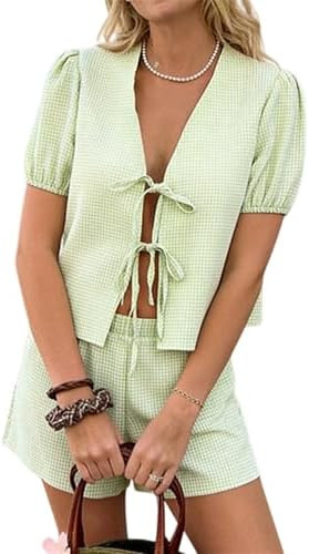 Yuemengxuan Women Y2k Peplum Shirt Shorts Set Two Piece Lounge Set Pajamas Sets Puff Sleeve Tie F... | Amazon (US)