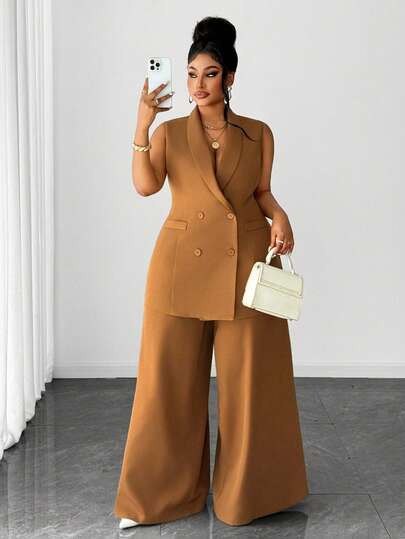 Maweii Plus Size Women Solid Color Casual Elegant Shawl Collar Double-Breasted Sleeveless Blazer And Wide Leg Pants Set, Autumn/Winter | SHEIN