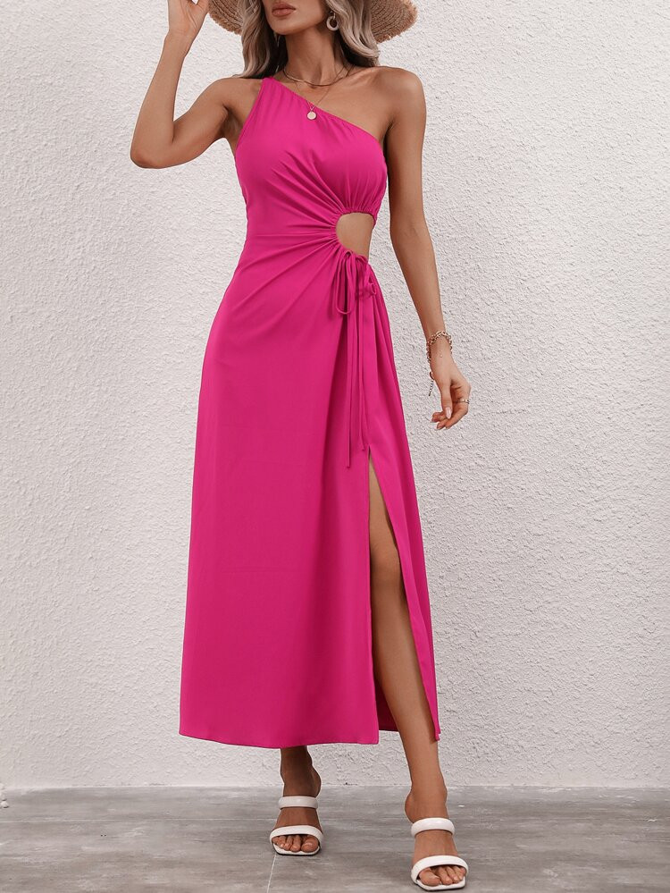 One Shoulder Cut Out Drawstring Side Split Thigh Dress | SHEIN