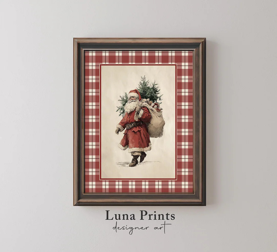 Vintage Santa Plaid Wall Art, Classic Christmas Printable, Preppy Holiday Decor, Rustic Christmas... | Etsy (US)