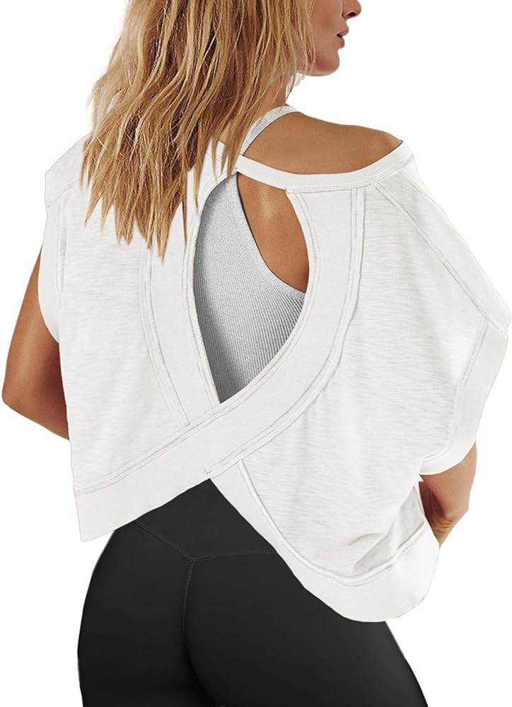 Panadila Womens Open Back Workout Top Oversized Workout T Shirts Backless Athletic Shirt Short Sl... | Amazon (US)