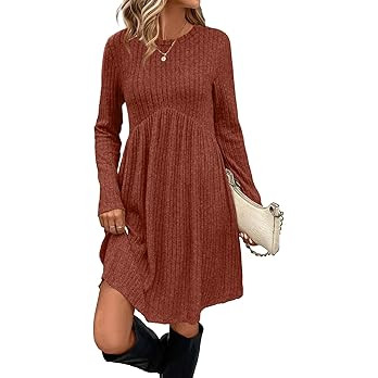 OFEEFAN Long Sleeve Dress for Women Crew Neck Empire Waist Tunic Dress with Pockets | Amazon (US)