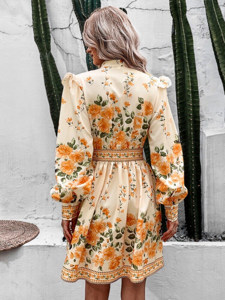 Floral Print Ruffle Trim Shirt Dress | SHEIN