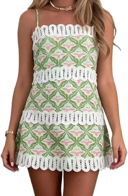 Women's Summer Linen Spaghetti-Strap Lace Beach Resort Dress | Amazon (US)