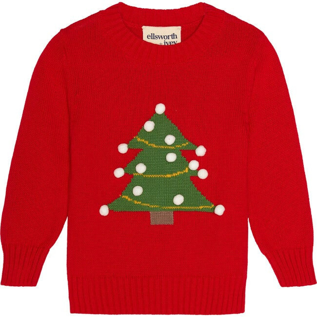 Knit Pom Pom Christmas Tree Sweater, Red | Maisonette