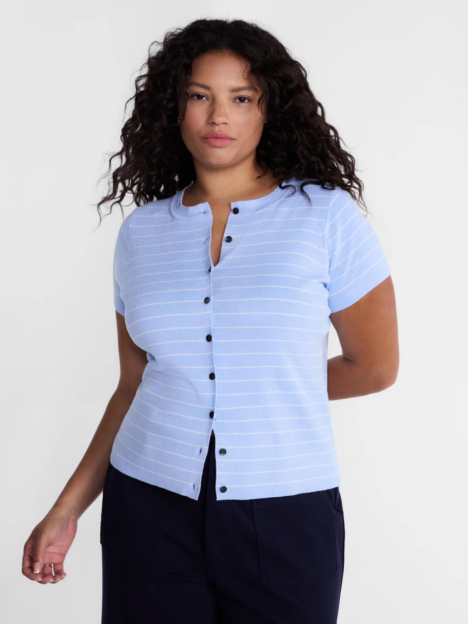 Terra & Sky Women's Plus Button Front Sweater Top with Short Sleeves, Lightweight, Sizes 0X-5X - Walmart.com | Walmart (US)