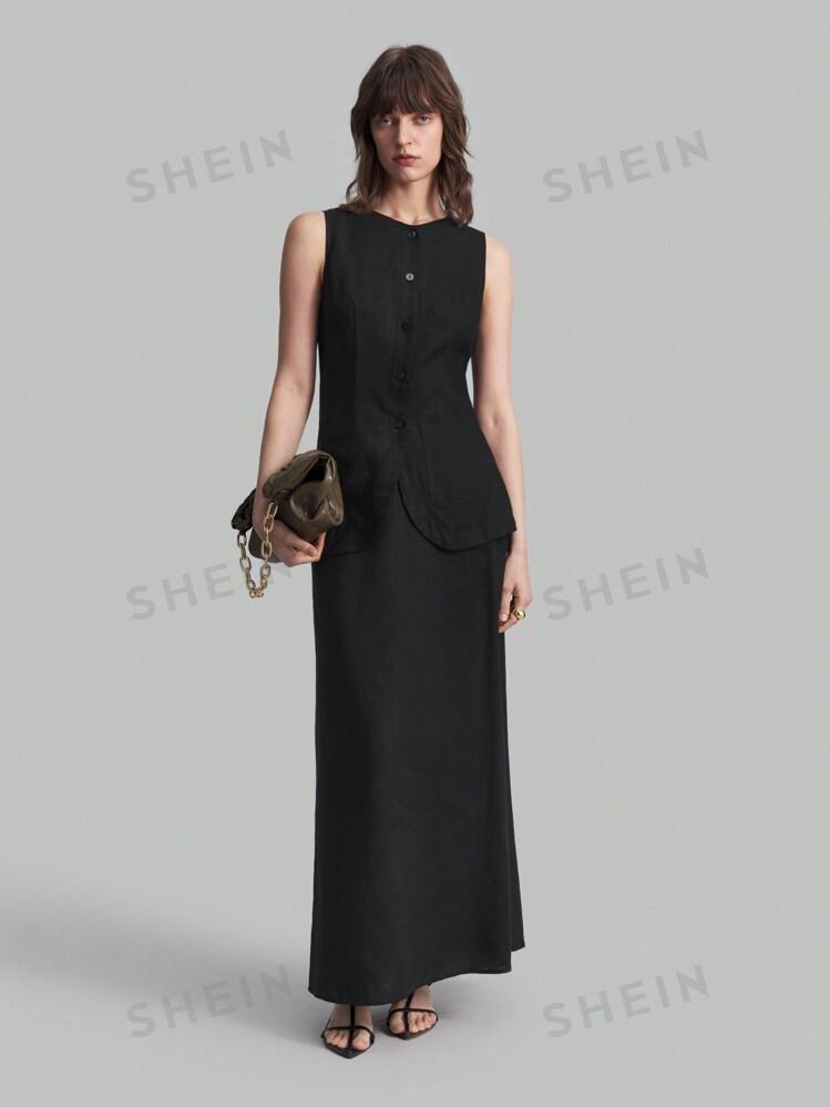 Ontre 2pcs/Set Women Plain Simple Sleeveless Top And Skirt Suit, For Casual, School, Outdoor, Aut... | SHEIN