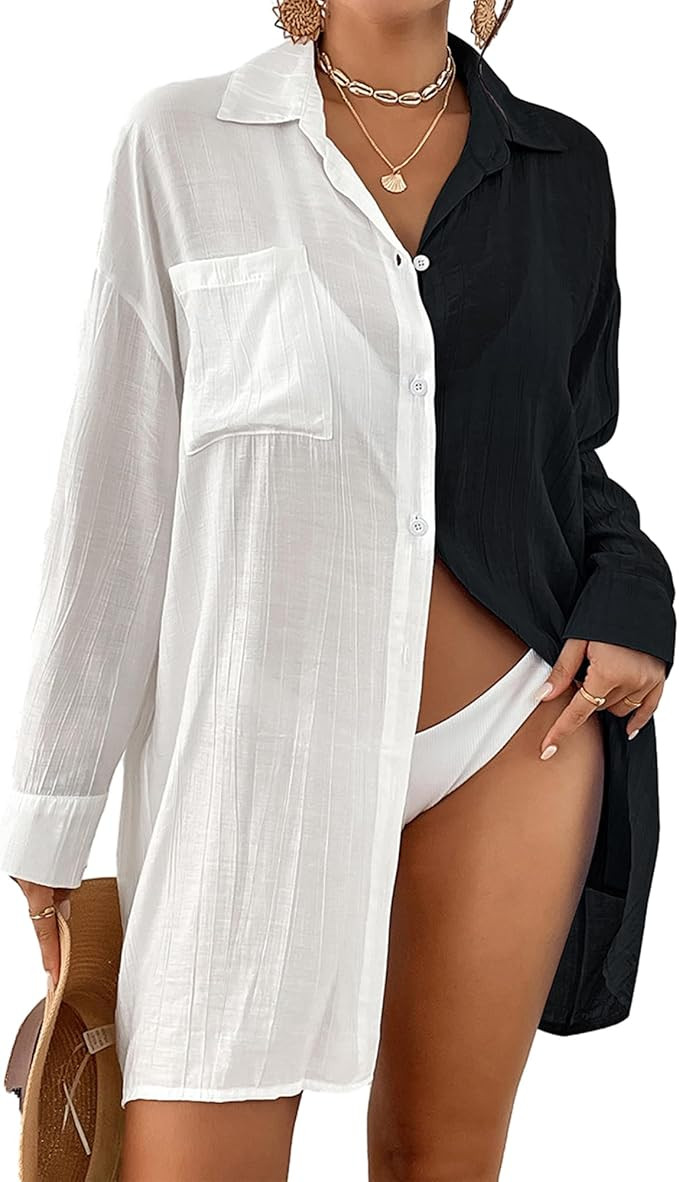 Bsubseach Women's Swimwear Cover Ups Swimsuit Coverups Button Down Shirt Bikini Outfits | Amazon (US)