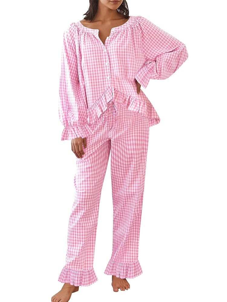 Womens Gingham Pajama Set 2 Piece Plaid Button Down Long Sleeve Shirt and Pants Pjs Lounge Set Ou... | Amazon (US)