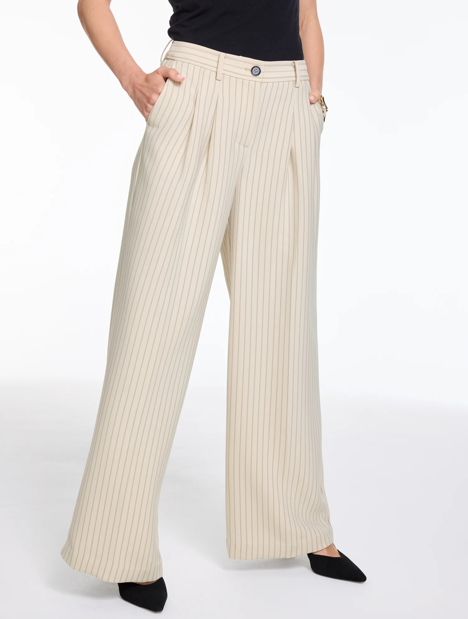 Wide Leg High Waist Pants - Double Pinstripe - Ivory/Black - 18 Talbots | Talbots