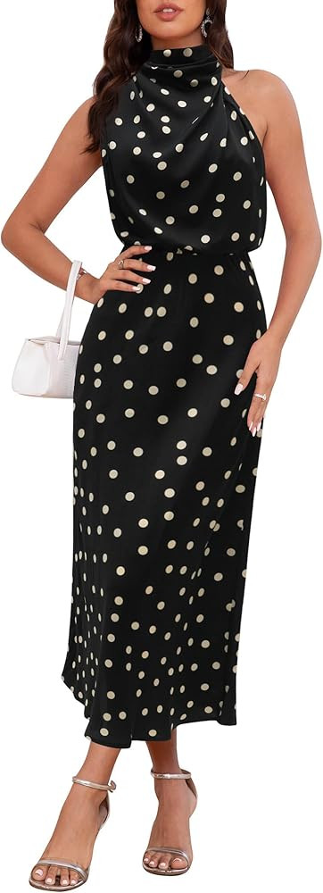 Women's 2026 Summer Satin Dress Elegant Formal Sleeveless Mock Neck Wedding Guest Cocktail Party ... | Amazon (US)