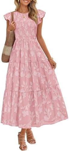 ZESICA Women's Summer Boho Floral Midi Dress 2026 Casual Flutter Short Sleeve Crewneck Smocked Fl... | Amazon (US)
