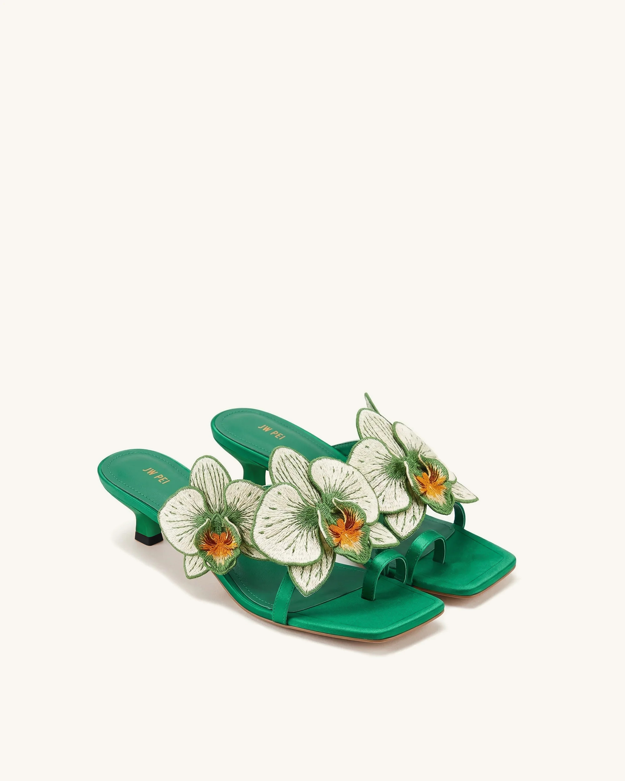 Serena Orchid Embroidered Toe Ring Heeled Sandals - Emerald Green | JW PEI US
