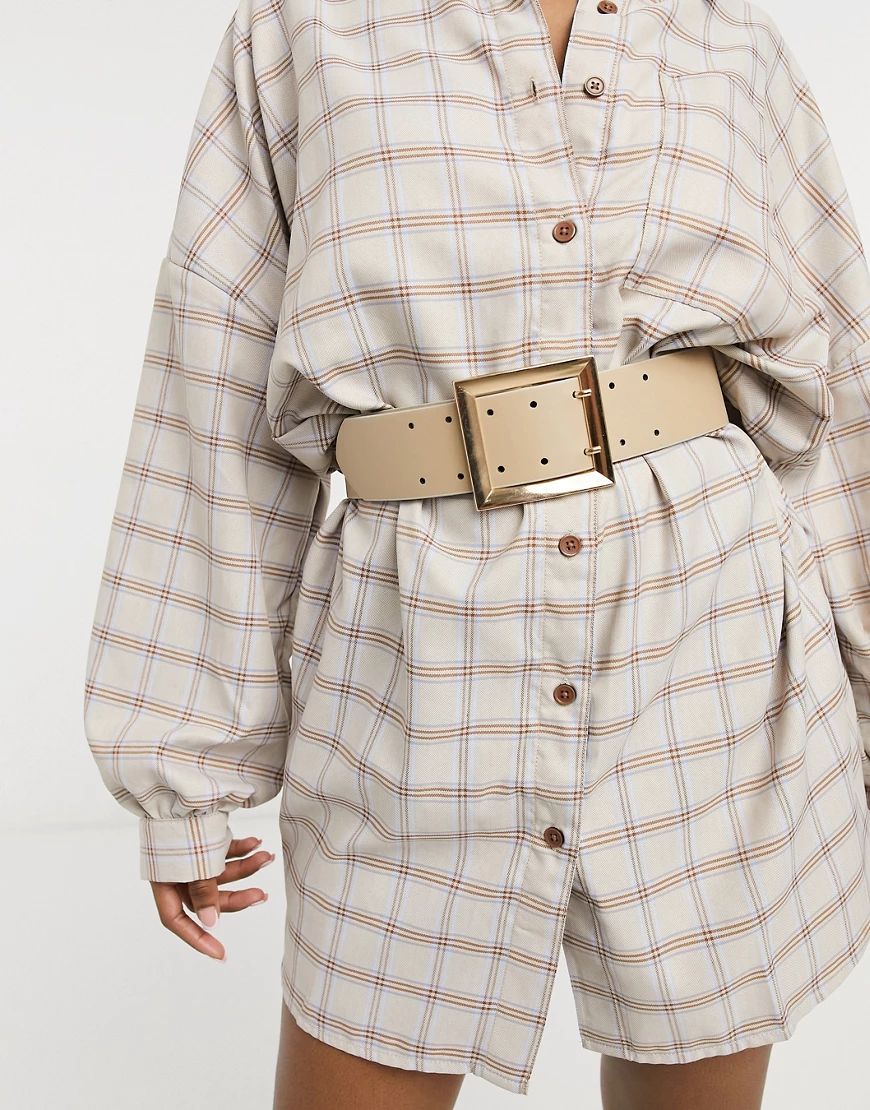 ASOS DESIGN wide double prong waist belt in beige | ASOS (Global)