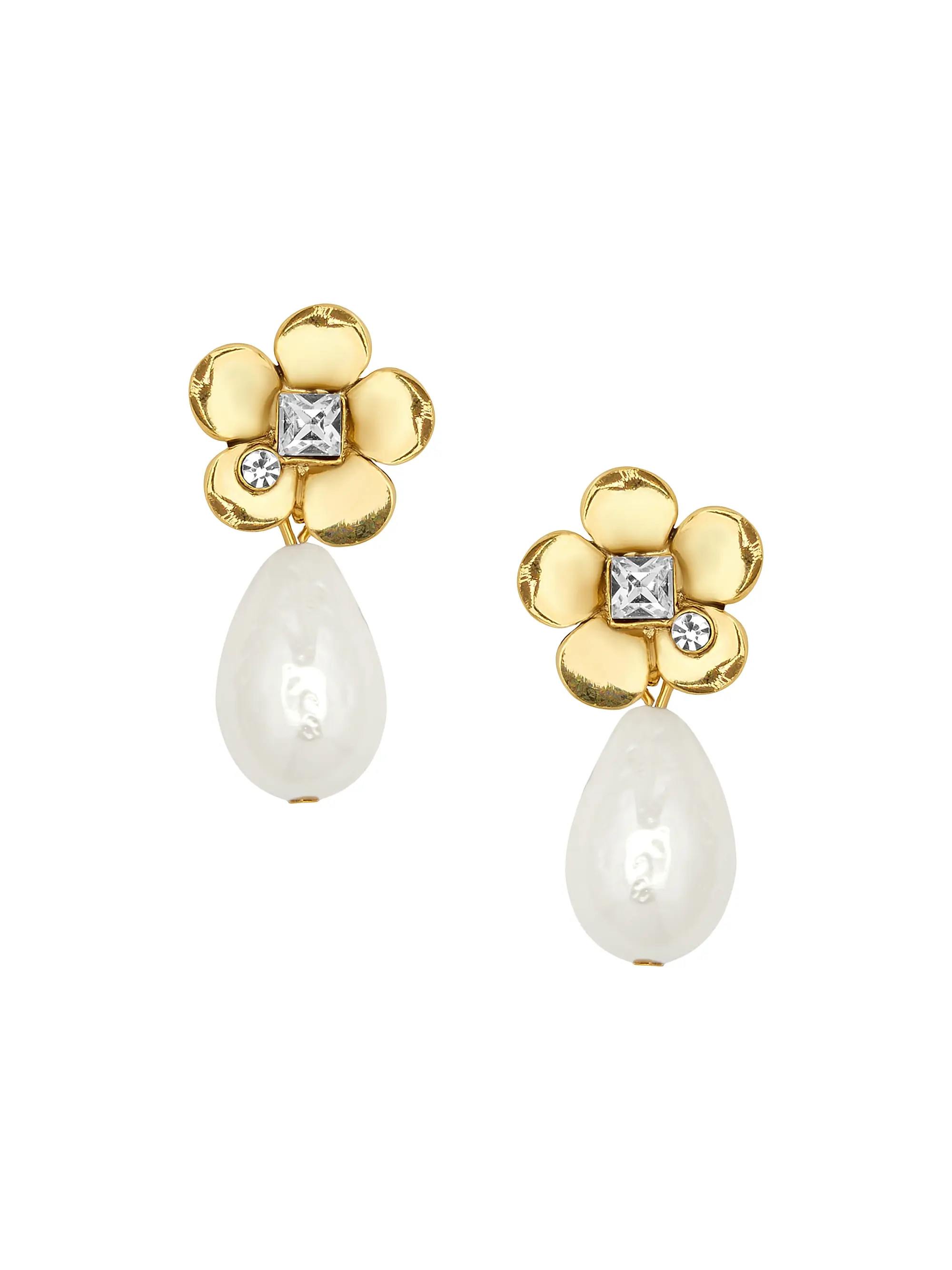 Shop Oscar de la Renta 24K-Gold-Plated, Imitation Pearl & Crystal Flower Drop Earrings | Saks Fif... | Saks Fifth Avenue
