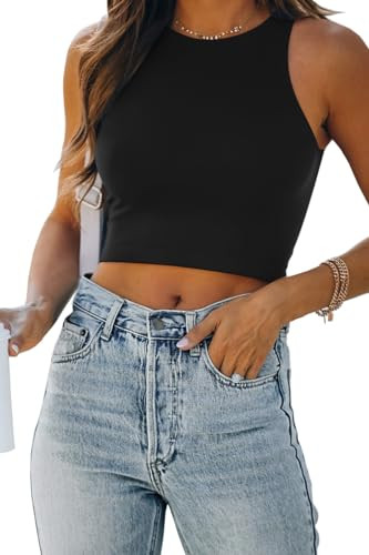 EFAN Womens Sexy Sleeveless Double Lined Crop Tops Workout Cute Tight Racerback Tank Tops Summer Clothes Teen Girls 2025 Black S | Amazon (US)
