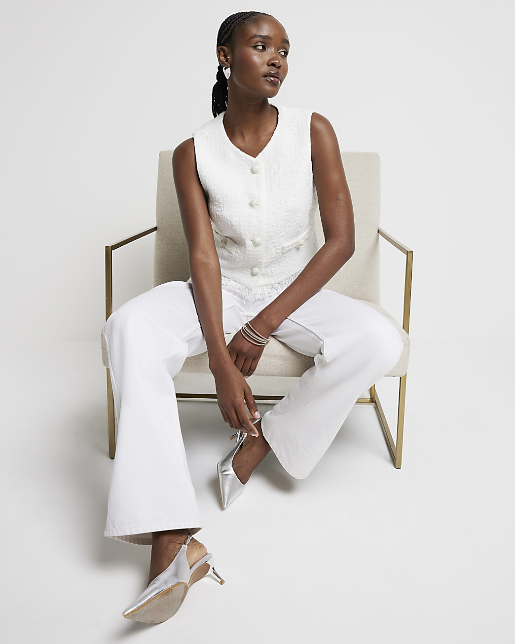 White Boucle Fringe Waistcoat | River Island (UK & IE)