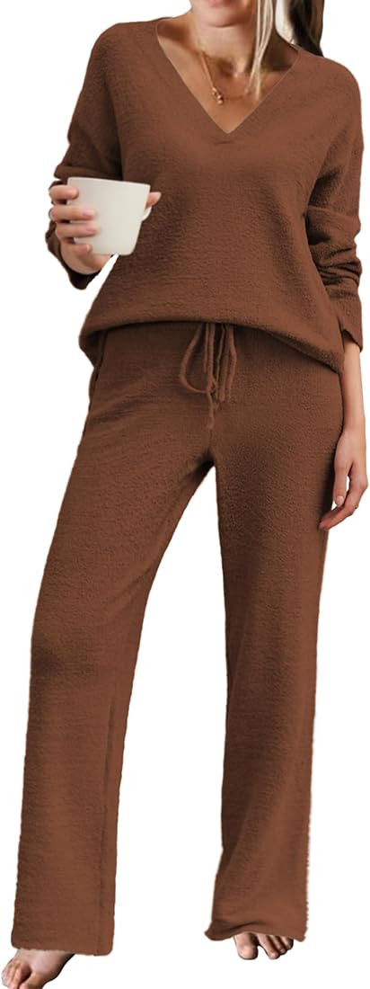 Ekouaer Pajamas for Women 2 Piece Lounge Set Fuzzy Fleece Long Sleeve Pullover Sweater Top Wide L... | Amazon (US)
