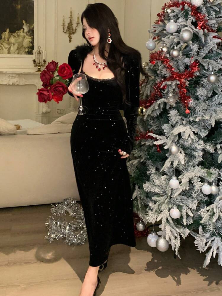 DAZY Women's Plush Lace Patchwork Elegant Fitted Hollow Out Sequin Embellished Dress Suit, Suitab... | SHEIN