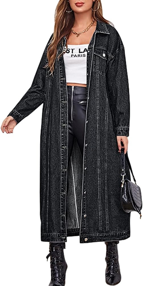 chouyatou Women's Fashion Spring Button Down Midi Long Denim Jean Jacket Trench Coat | Amazon (US)