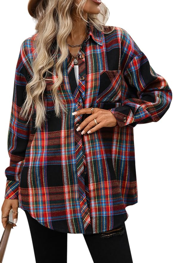 CHYRII Womens Oversized Flannel Shirts Button Down Long Sleeve Plaid Shirt Business Casual Blouse... | Amazon (US)