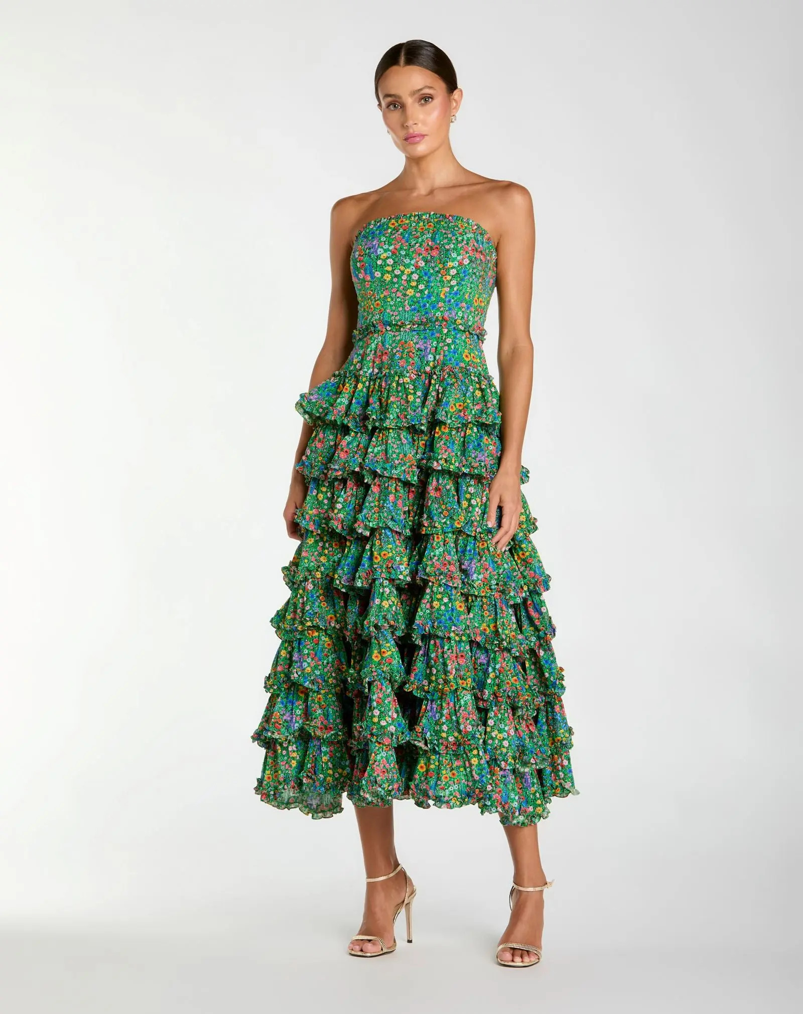 Green Strapless Floral Cotton Ruffle Midi Dress | Mac Duggal | Mac Duggal