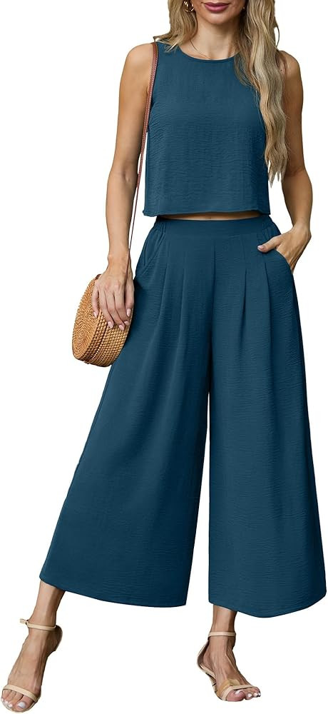 Lepunuo Womens Summer 2 Piece Outfits Sleeveless Crop Top Flowy Wide Leg Pants Matching Sets Vaca... | Amazon (US)