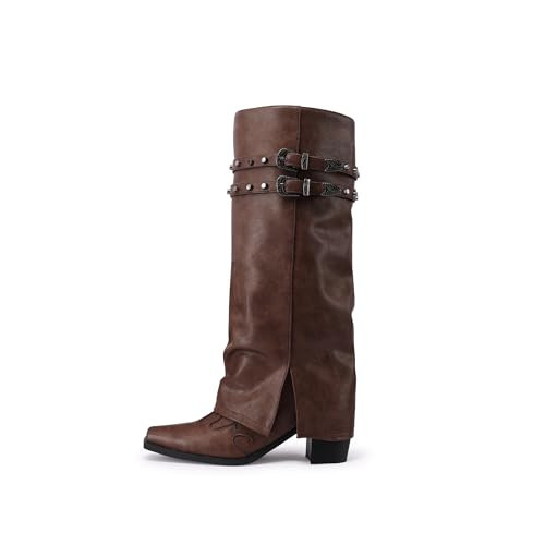 JANSEVEN Brown Fold Over Boots for Women Overlay Knee High Boot Chunky Block Mid Heel Pull On Tall Boots Foldover Wide calf Boots Size 8.5 | Amazon (US)